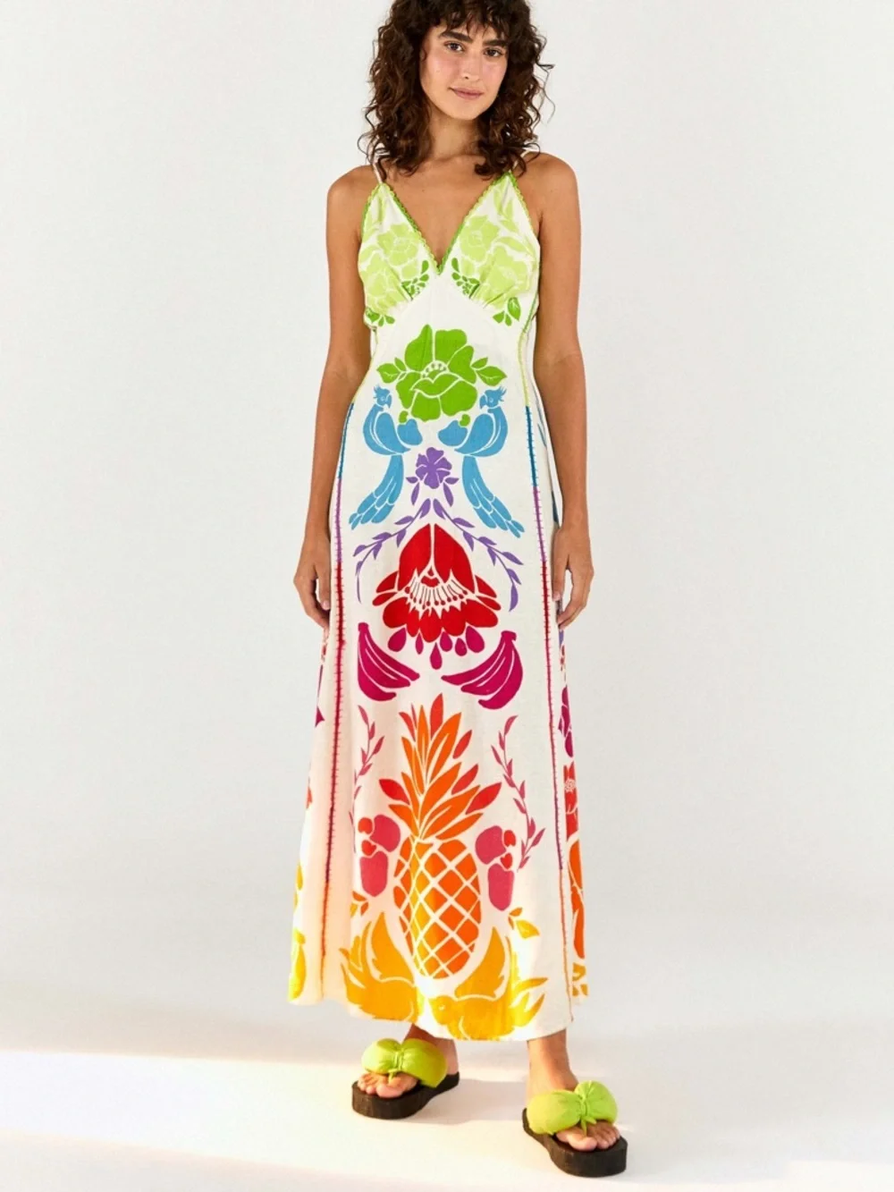 FARM Rio Colorful Tropical Pineapple Graphic Linen Blend Strappy Maxi Dress S - Picture 2 of 16